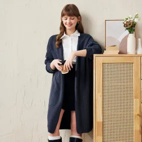 100% Wool Cardigan Women's Cozy Cable Knit Long Coat