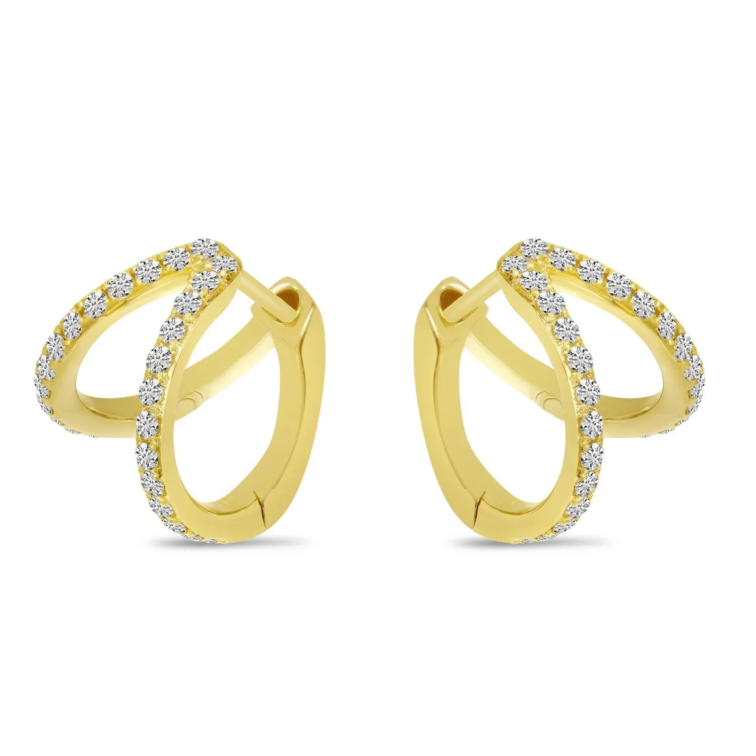 14K Yellow Gold Double Row Diamond Huggie Earrings