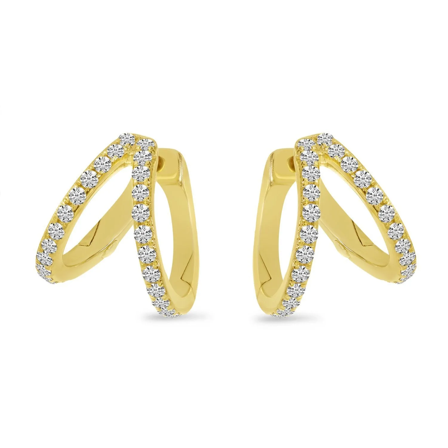 14K Yellow Gold Double Row Diamond Huggie Earrings