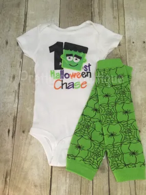 1st Halloween Frankenstein personalized boys outfit bodysuit or shirt and legwarmers. Halloween outfit **sale**