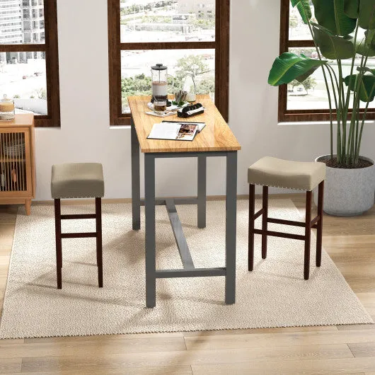 2 Set of 29 Inch Height Upholstered Bar Stool with Solid Rubber Wood Legs and Footrest-Beige