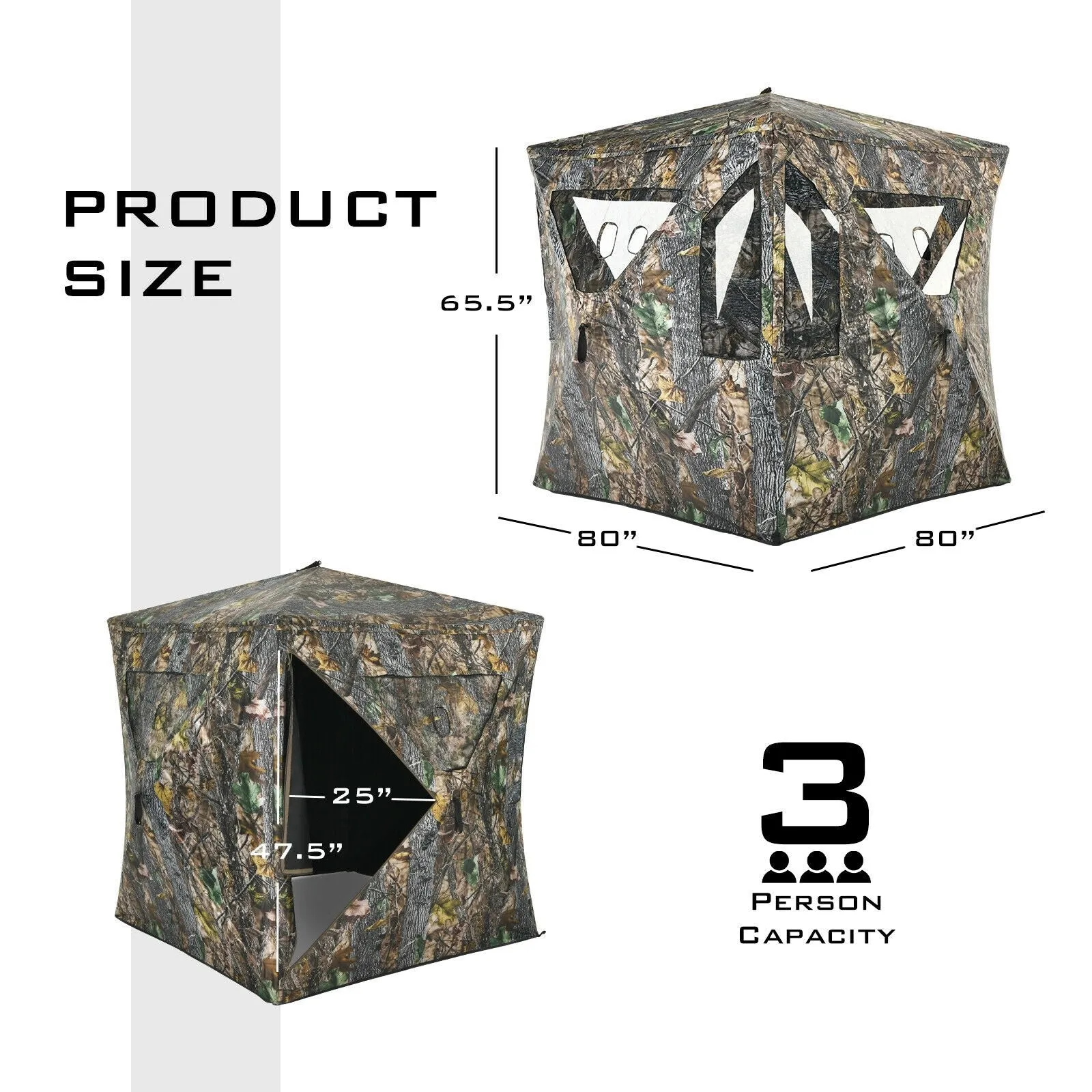 3 Person Portable Hunting Blind Pop-Up Ground Tent with Gun Ports and Carrying Bag