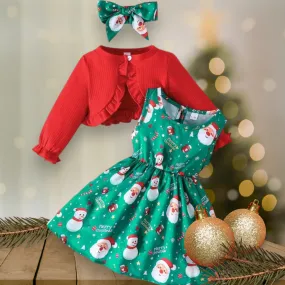 3PSC Christmas Outfit Dress, Headband and Long Sleeve Ruffle Top #1000981