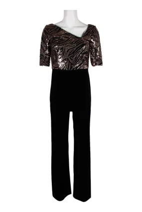 Adrianna Papell Asymmetrical Neck Short Sleeve Zipper Back Embellished Mesh Bodice Velvet Jumpsuit