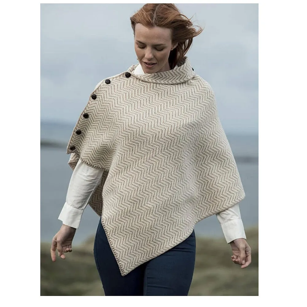 Aran Super Soft Merino Wool Herringbone Poncho Wicker/White One Size