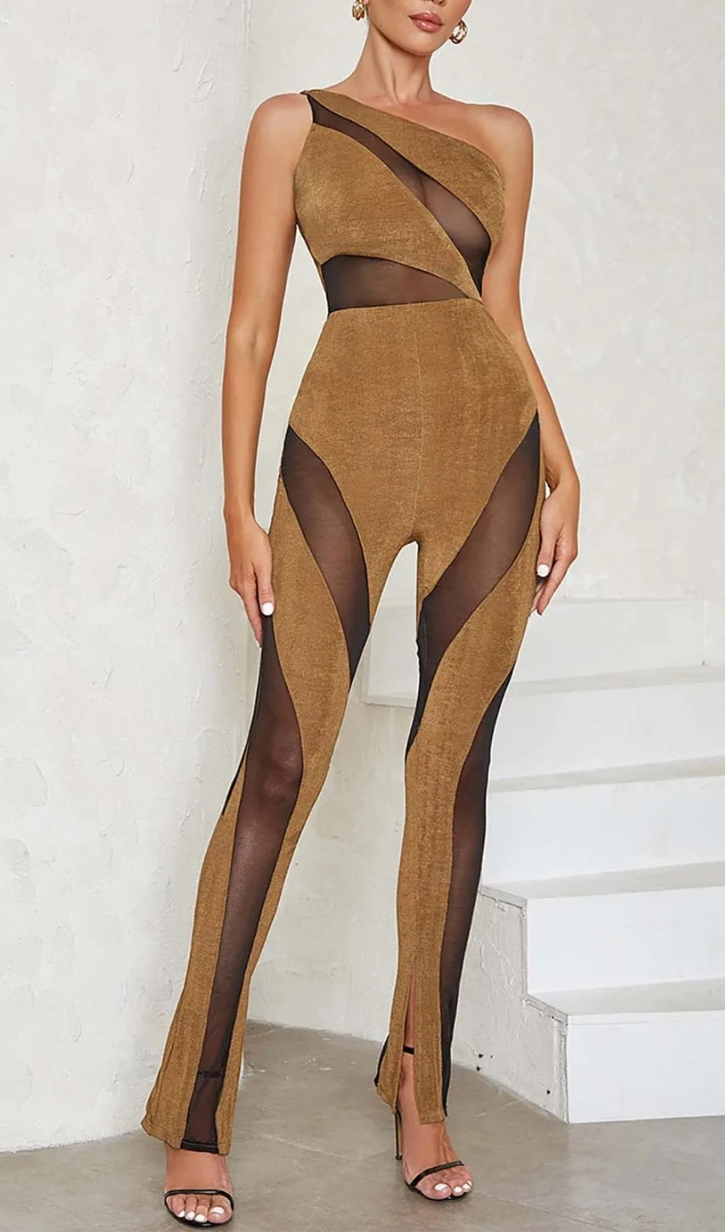 ASYMMETRICAL PATTERN MESH JUMPSUIT IN BROWN