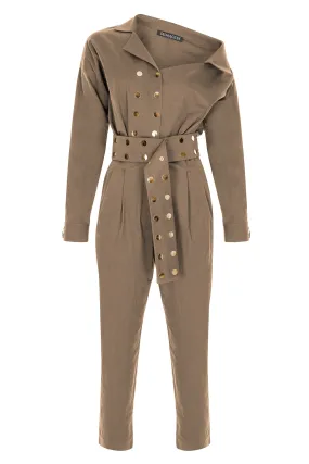 Beige Asymmetric-Neck, Long-Sleeved, Belt-Detailed Canvas Jumpsuit