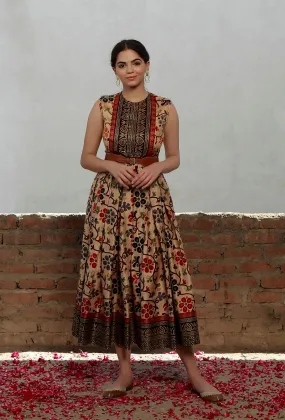 Beige Kalamkari Printed Cotton Silk Long Dress With Single Buckle Cruelty Free Leather Belt