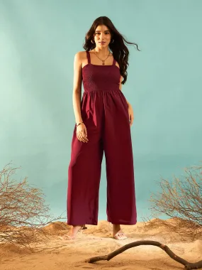 Berrylush Women Solid Maroon Square Neck Sleeveless Slant Pockets Wide Leg Smocked Maxi Jumpsuit