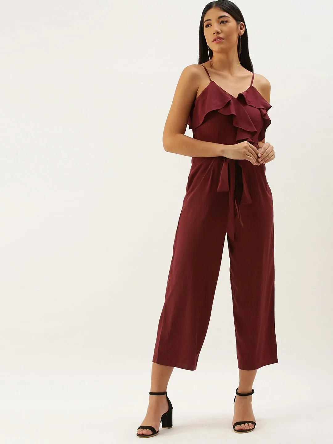 Berrylush Women Solid Maroon V-Neck Ruffled Jumpsuit