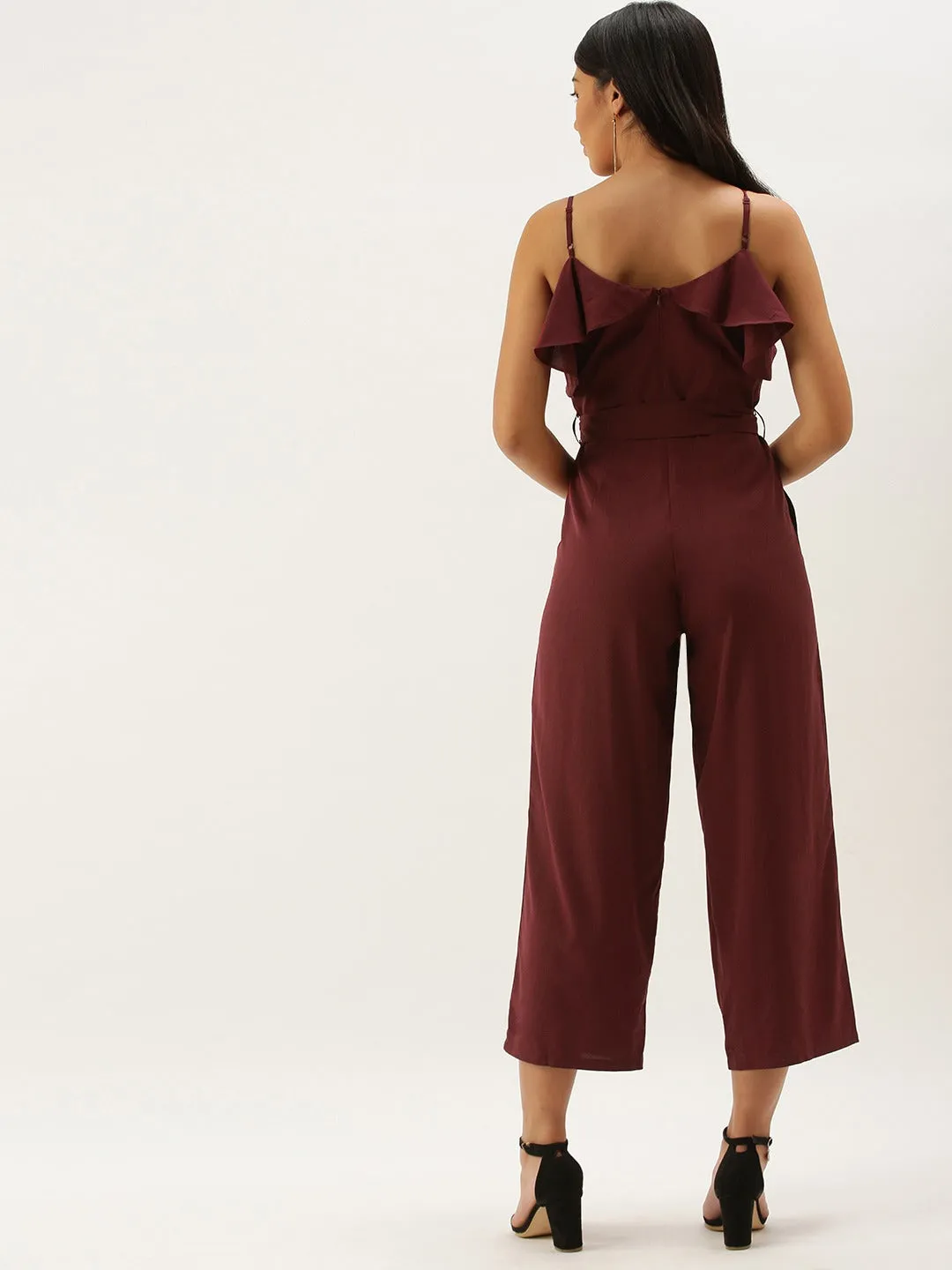 Berrylush Women Solid Maroon V-Neck Ruffled Jumpsuit