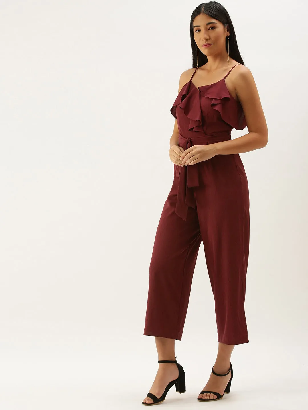 Berrylush Women Solid Maroon V-Neck Ruffled Jumpsuit