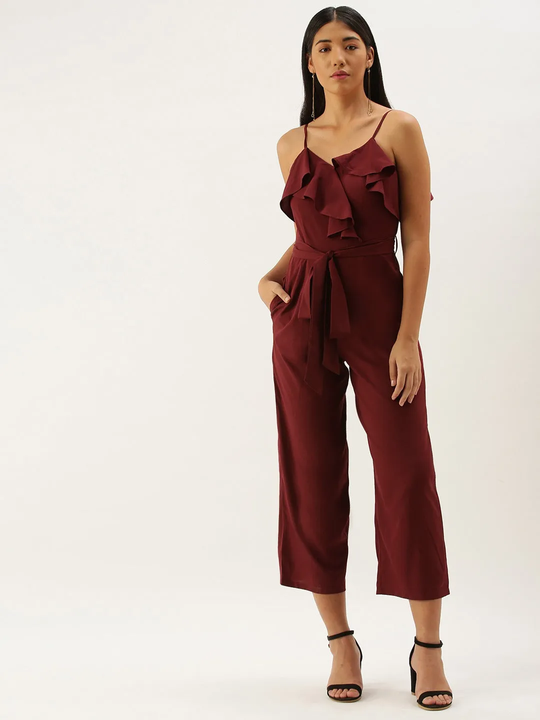 Berrylush Women Solid Maroon V-Neck Ruffled Jumpsuit