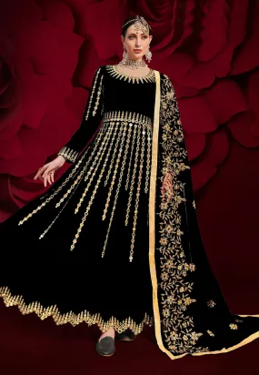 Black Golden Mirror Work Flared Anarkali Pant Suit