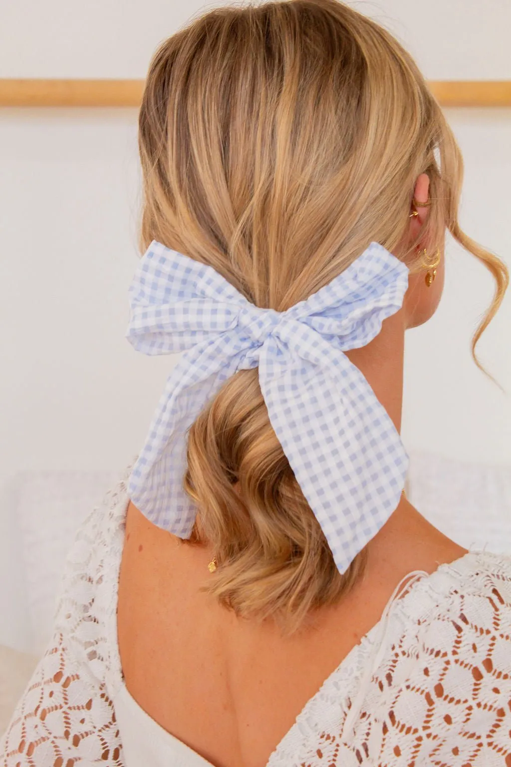 Blue Gingham Long Bow Scrunchie