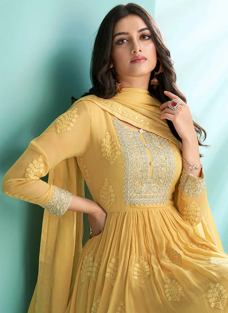 Bright Yellow Lucknowi Zari Embroidered Designer Anarkali Suit