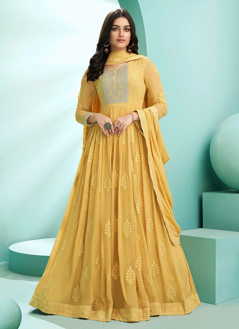 Bright Yellow Lucknowi Zari Embroidered Designer Anarkali Suit