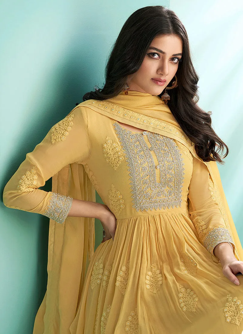 Bright Yellow Lucknowi Zari Embroidered Designer Anarkali Suit