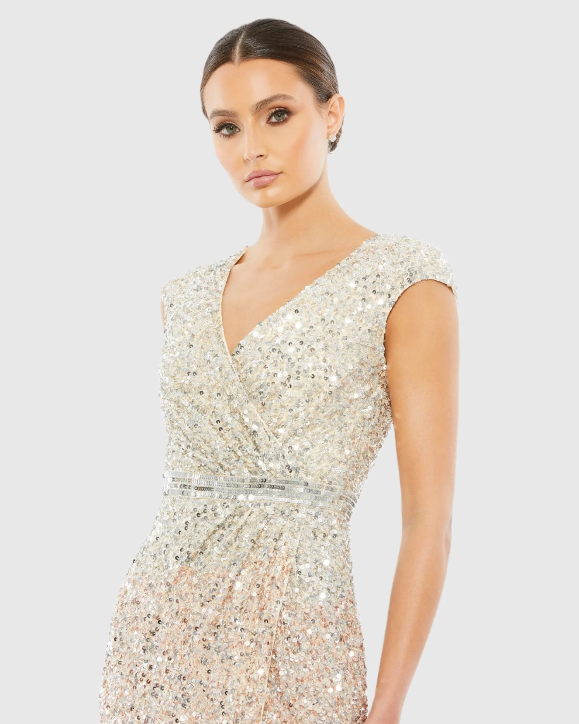 Cap Sleeve Sequined High Slit Gown