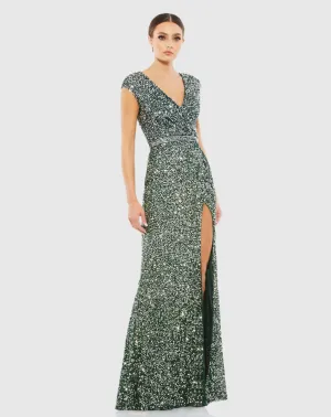 Cap Sleeve Sequined High Slit Gown