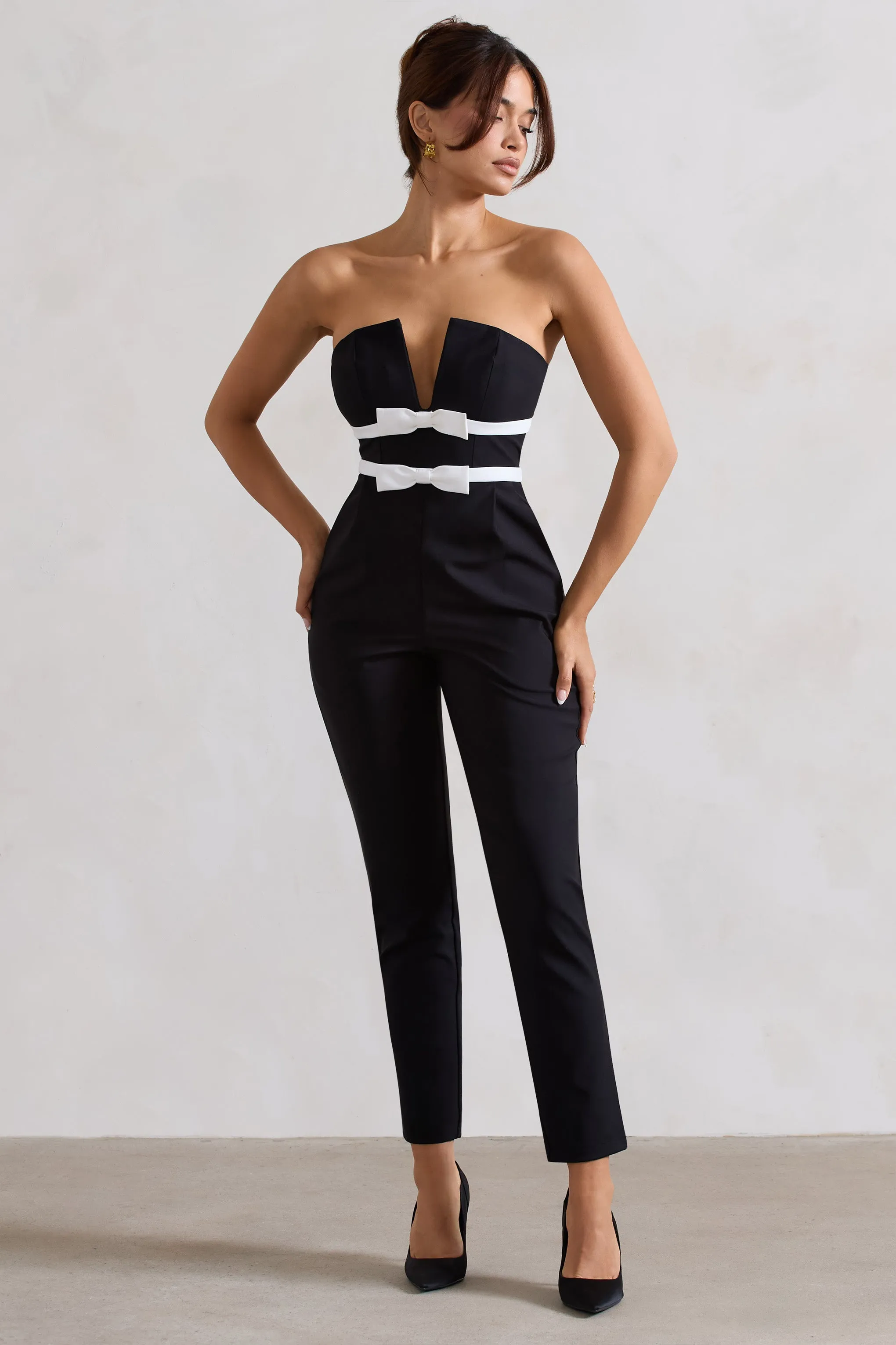 Casta | Black Strapless Tailored Straight-Leg Jumpsuit With Bows