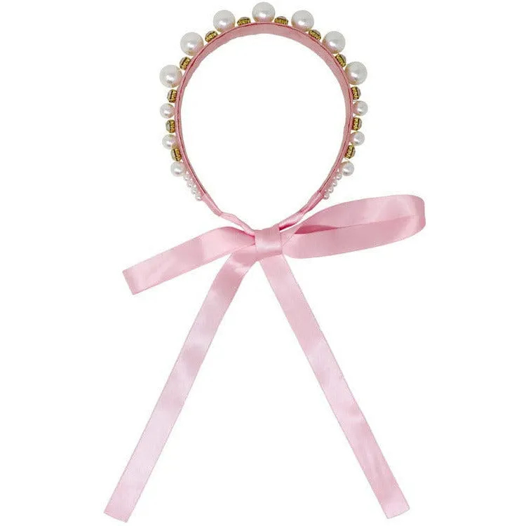 Claris Jewelled Pearl Headband with Ribbon Ties