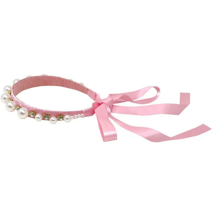 Claris Jewelled Pearl Headband with Ribbon Ties