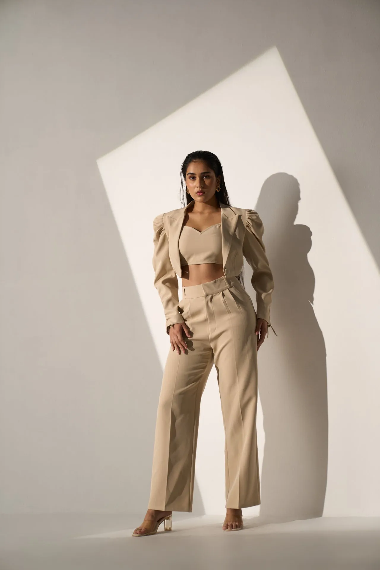 Classic Women's Beige short Blazer with Straight pants