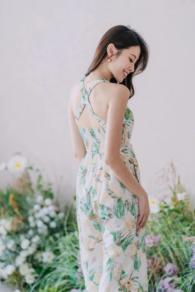 Claudia Padded Cross Back Jumpsuit - Green Floral