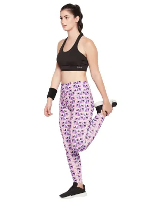 Clovia Women's High Rise Printed Active Tights with Side Pocket (AB0042D12_Purple_L)