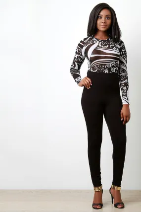 Contrast Printed Mesh Longsleeve Jumpsuit