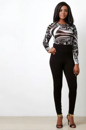 Contrast Printed Mesh Longsleeve Jumpsuit