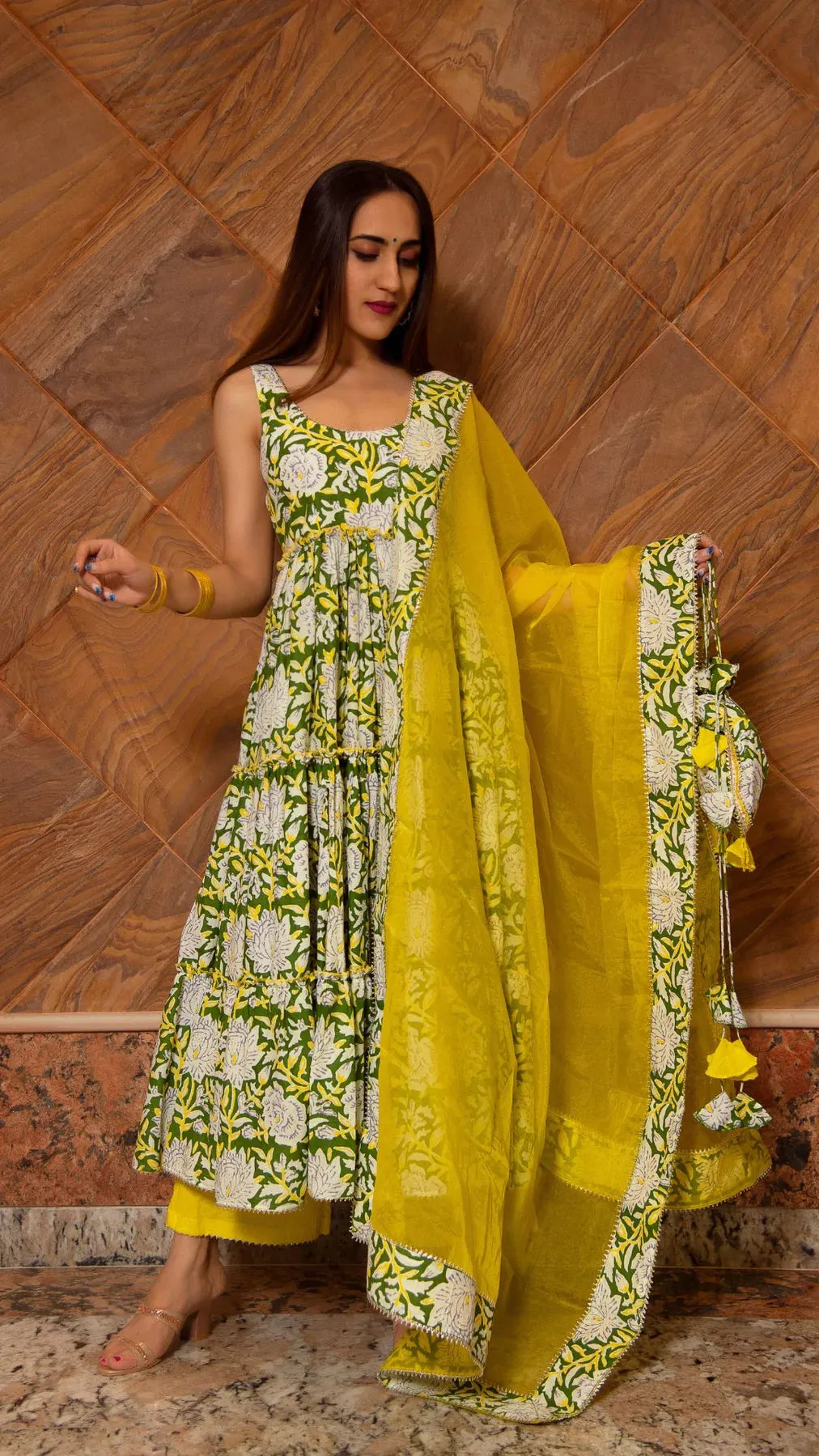 Cotton Lime Green & Yellow Printed Anarkali Suit Set with Organza Dupatta