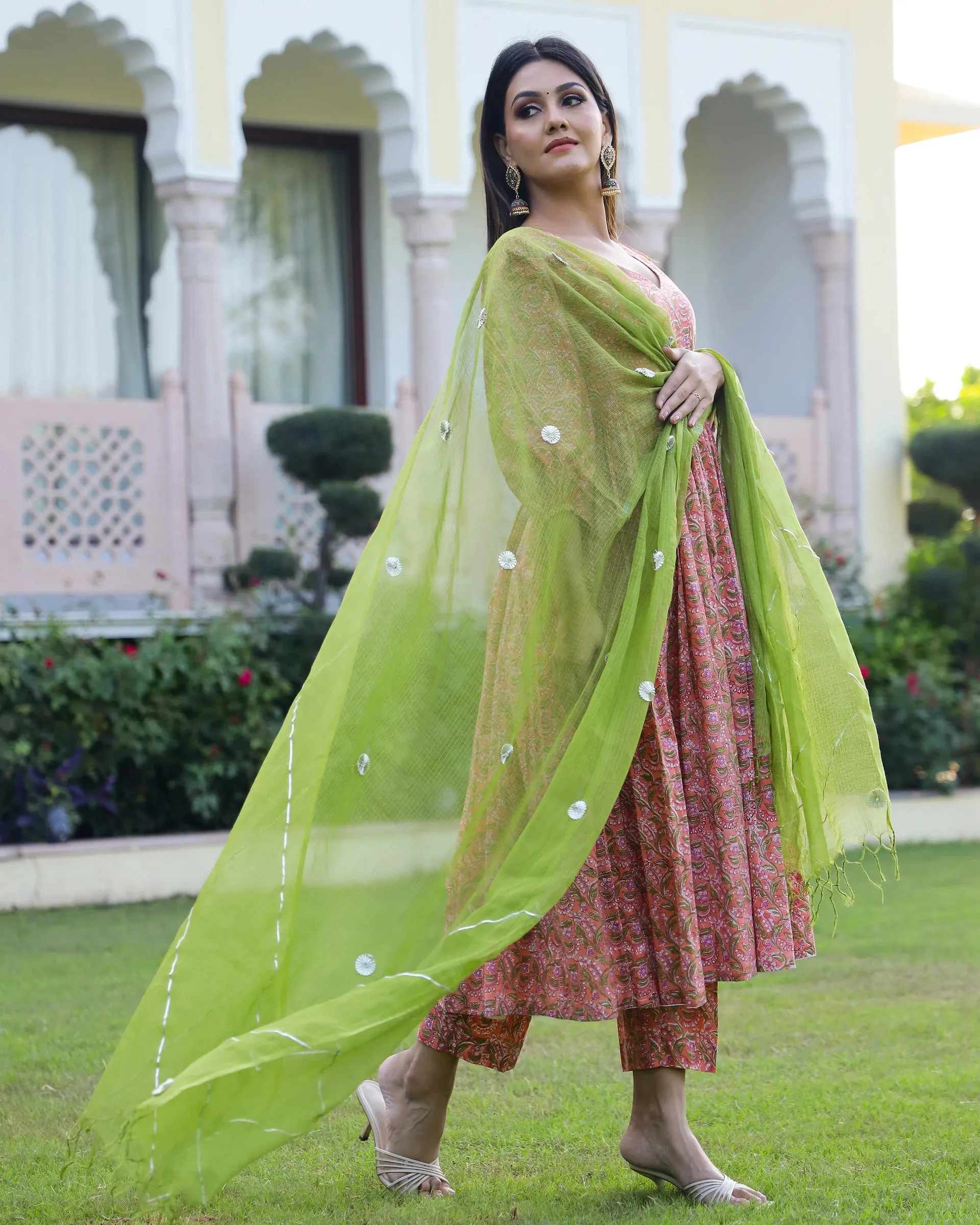 Cotton Peach & Green Hand Block Print Anarkali Kurta Set