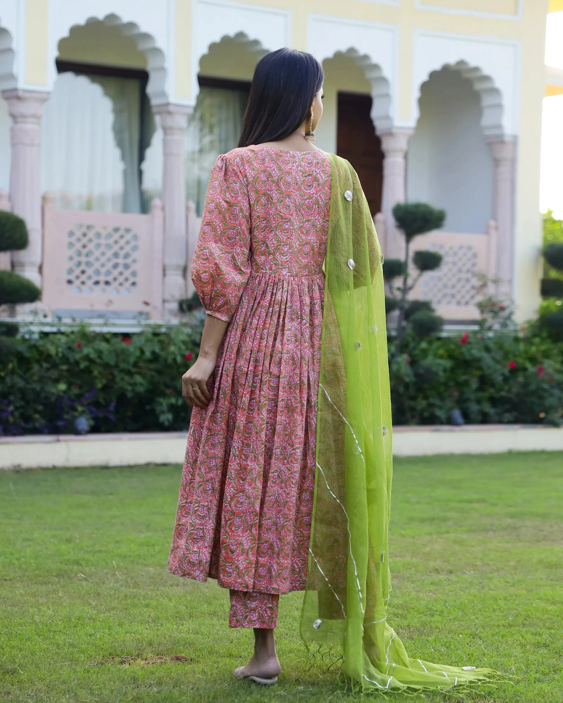 Cotton Peach & Green Hand Block Print Anarkali Kurta Set