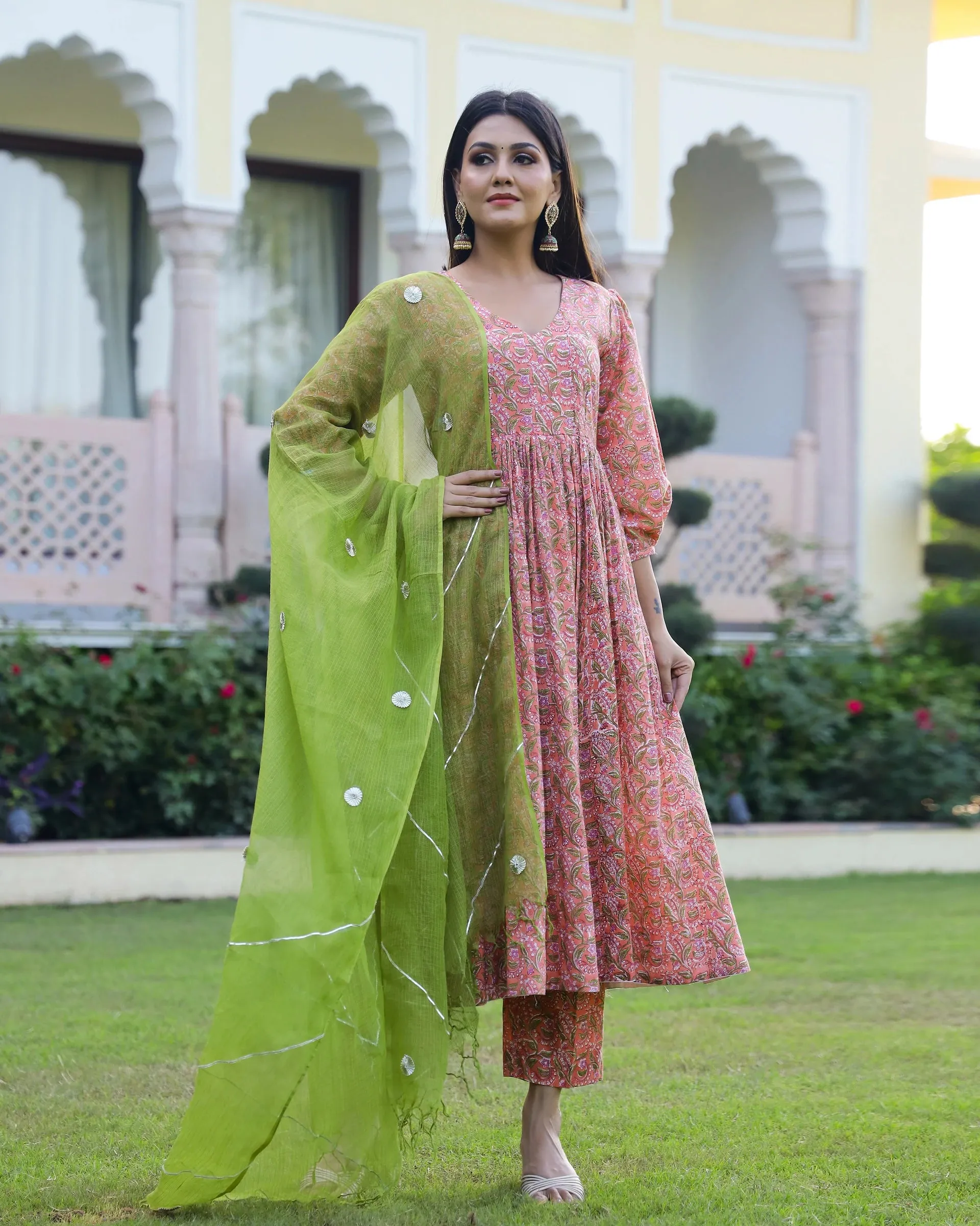 Cotton Peach & Green Hand Block Print Anarkali Kurta Set