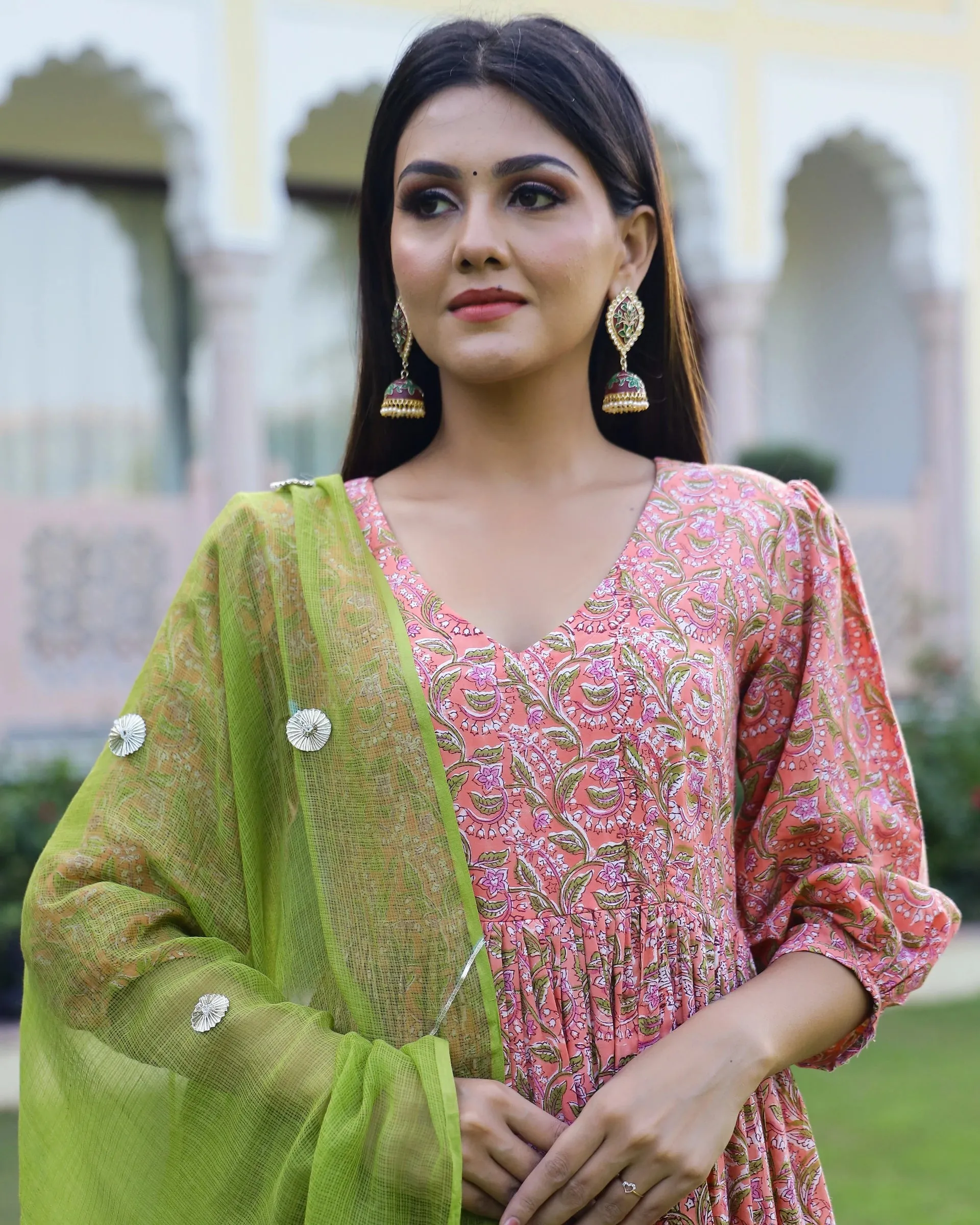 Cotton Peach & Green Hand Block Print Anarkali Kurta Set