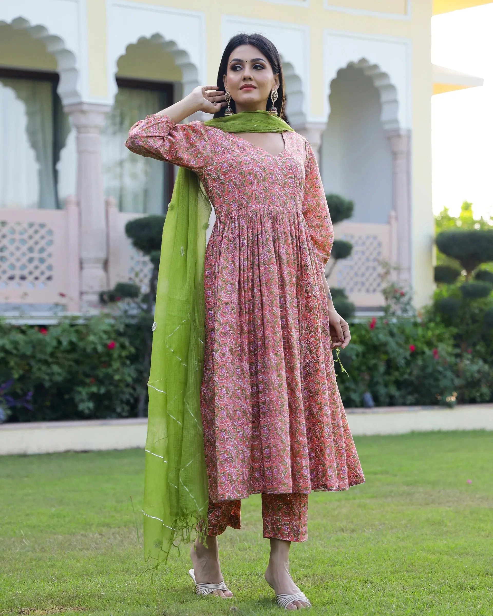 Cotton Peach & Green Hand Block Print Anarkali Kurta Set