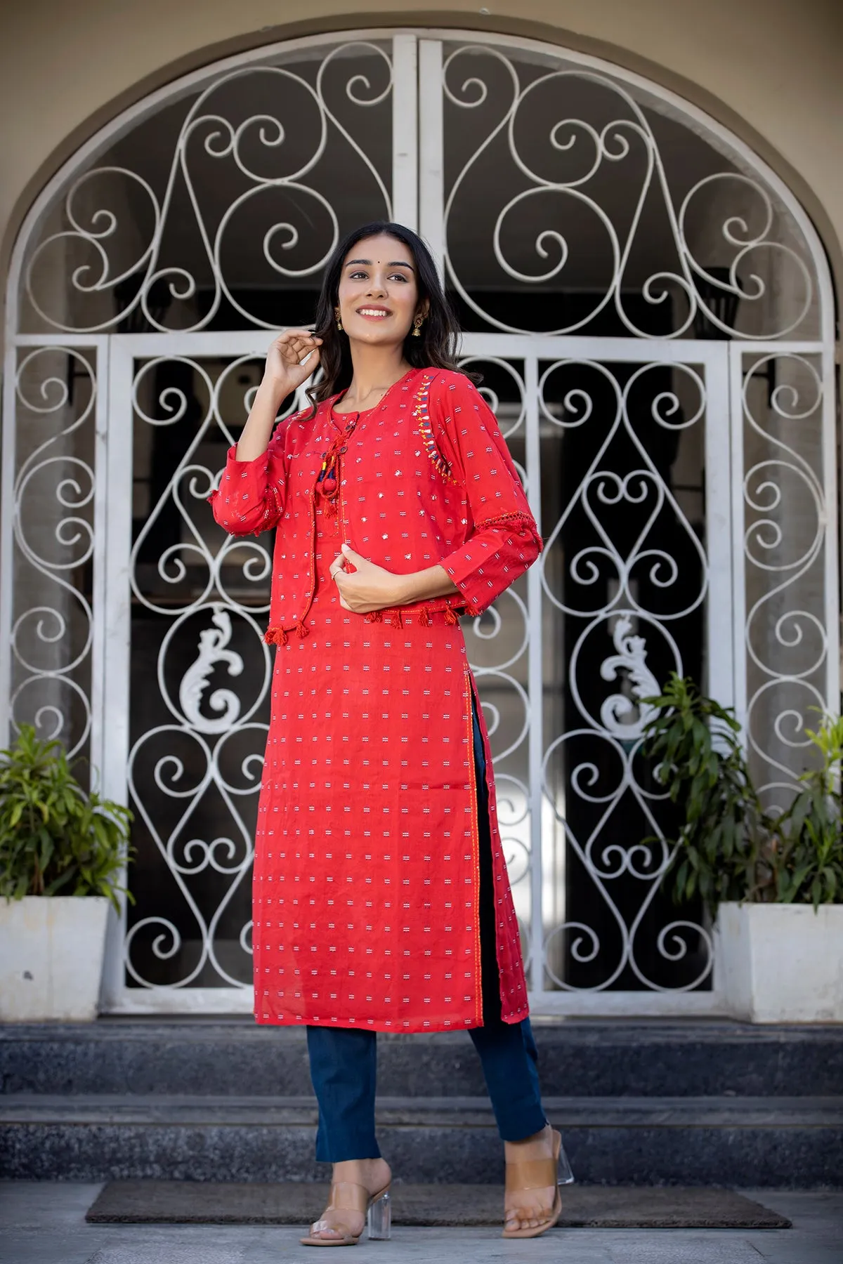 Cotton Red Foil Print Kurta-Jacket with Pant