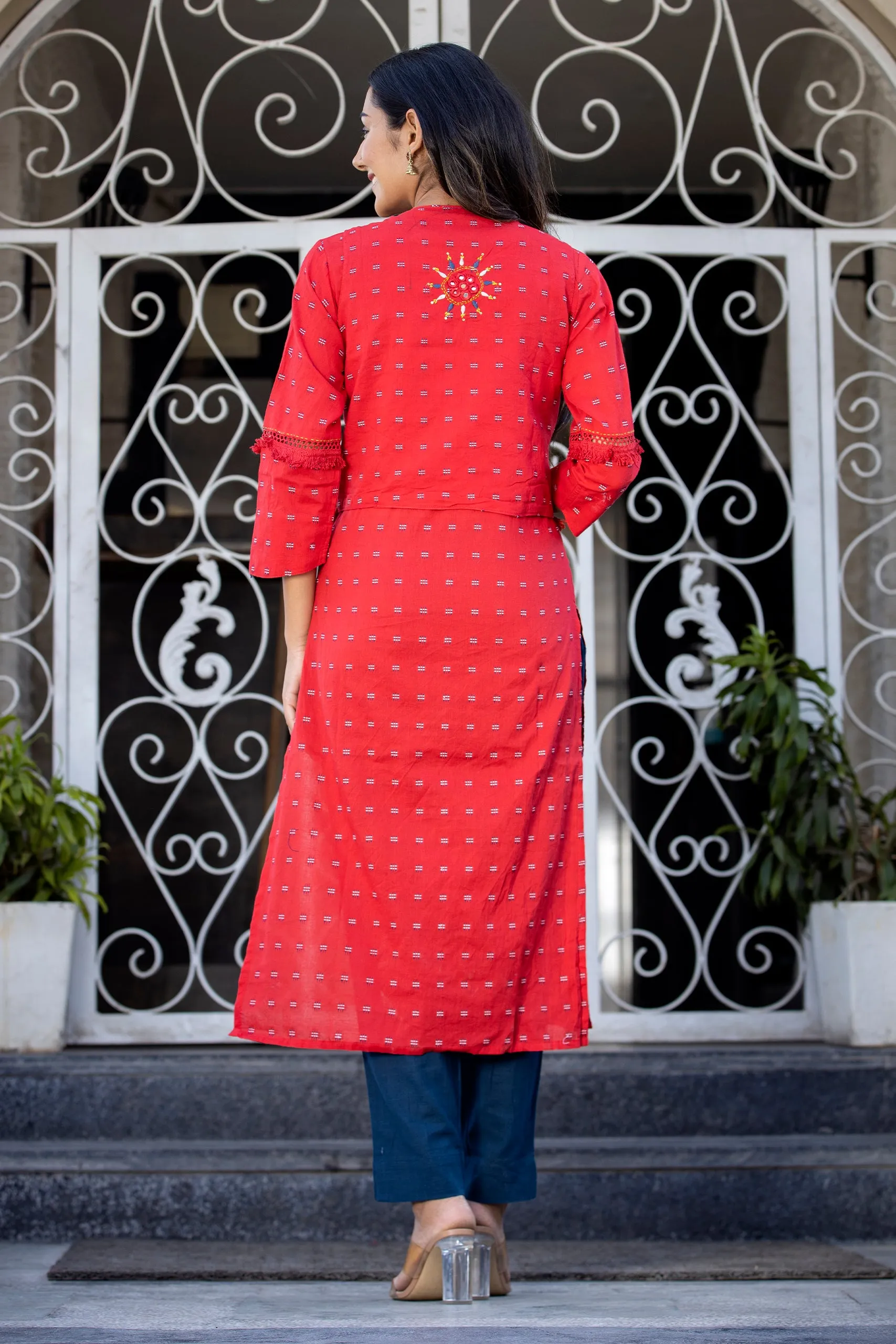 Cotton Red Foil Print Kurta-Jacket with Pant