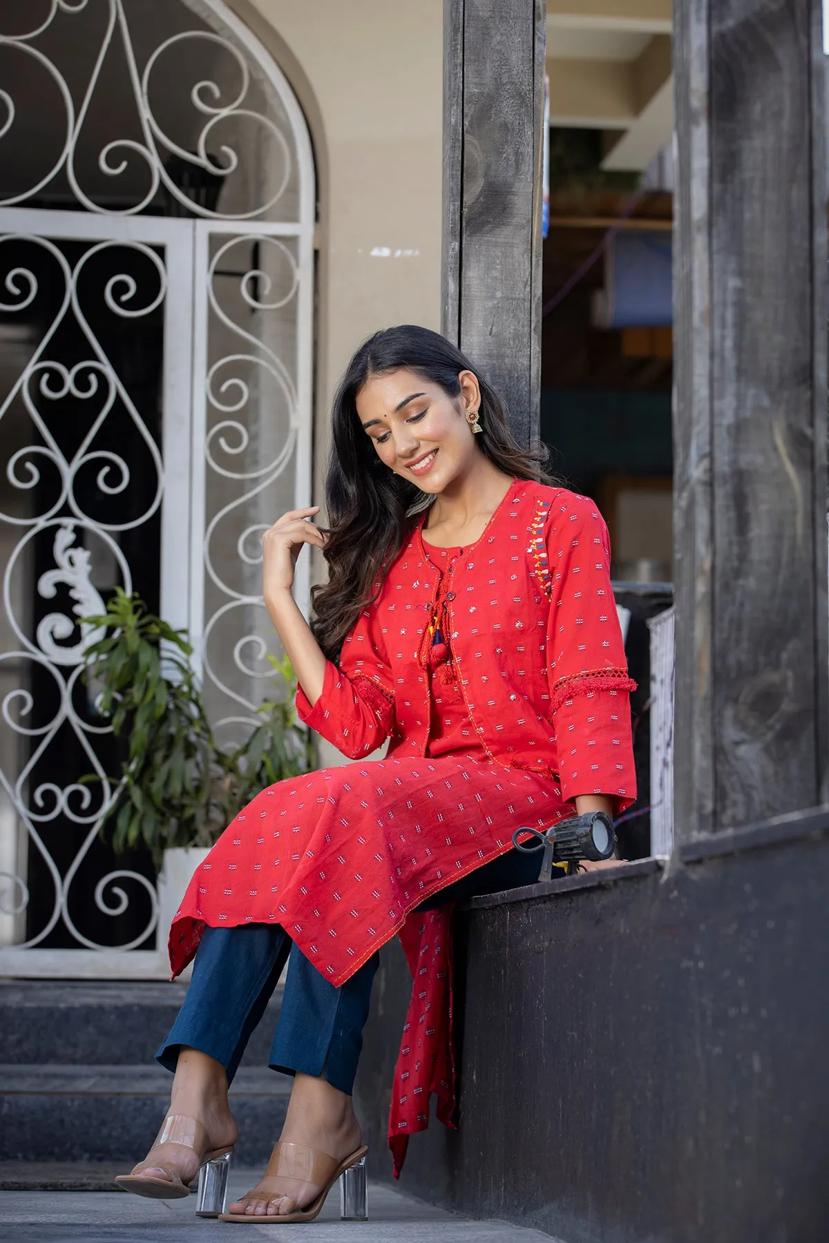 Cotton Red Foil Print Kurta-Jacket with Pant