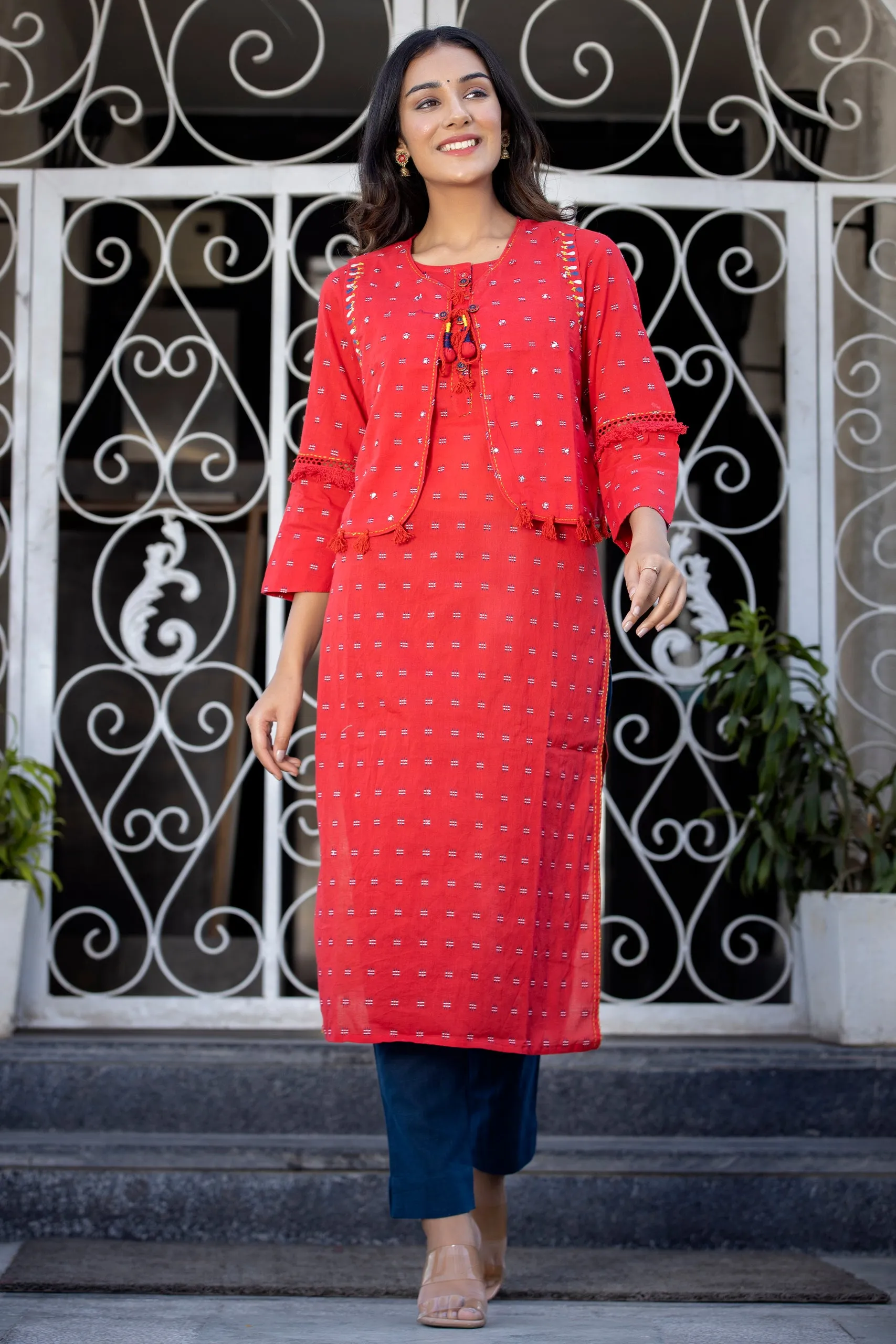 Cotton Red Foil Print Kurta-Jacket with Pant