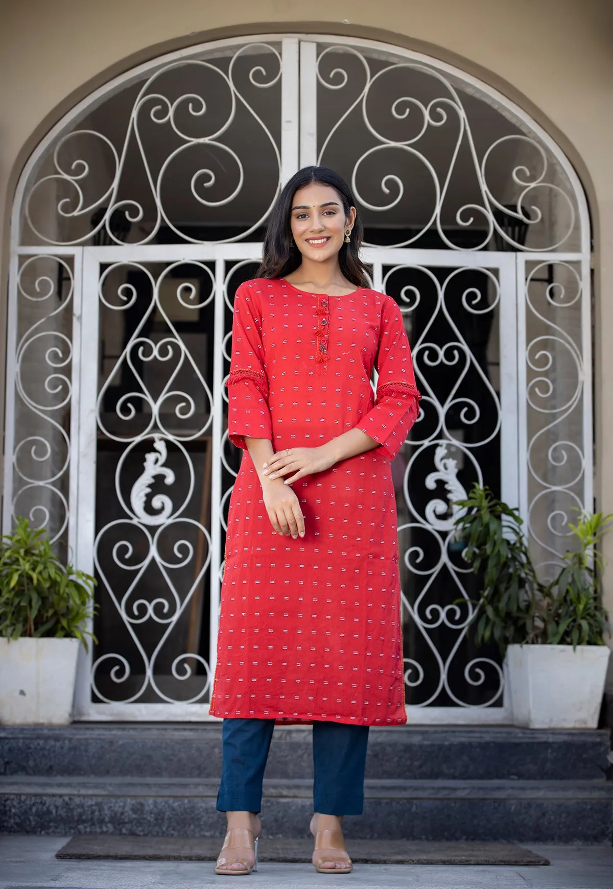 Cotton Red Foil Print Kurta-Jacket with Pant