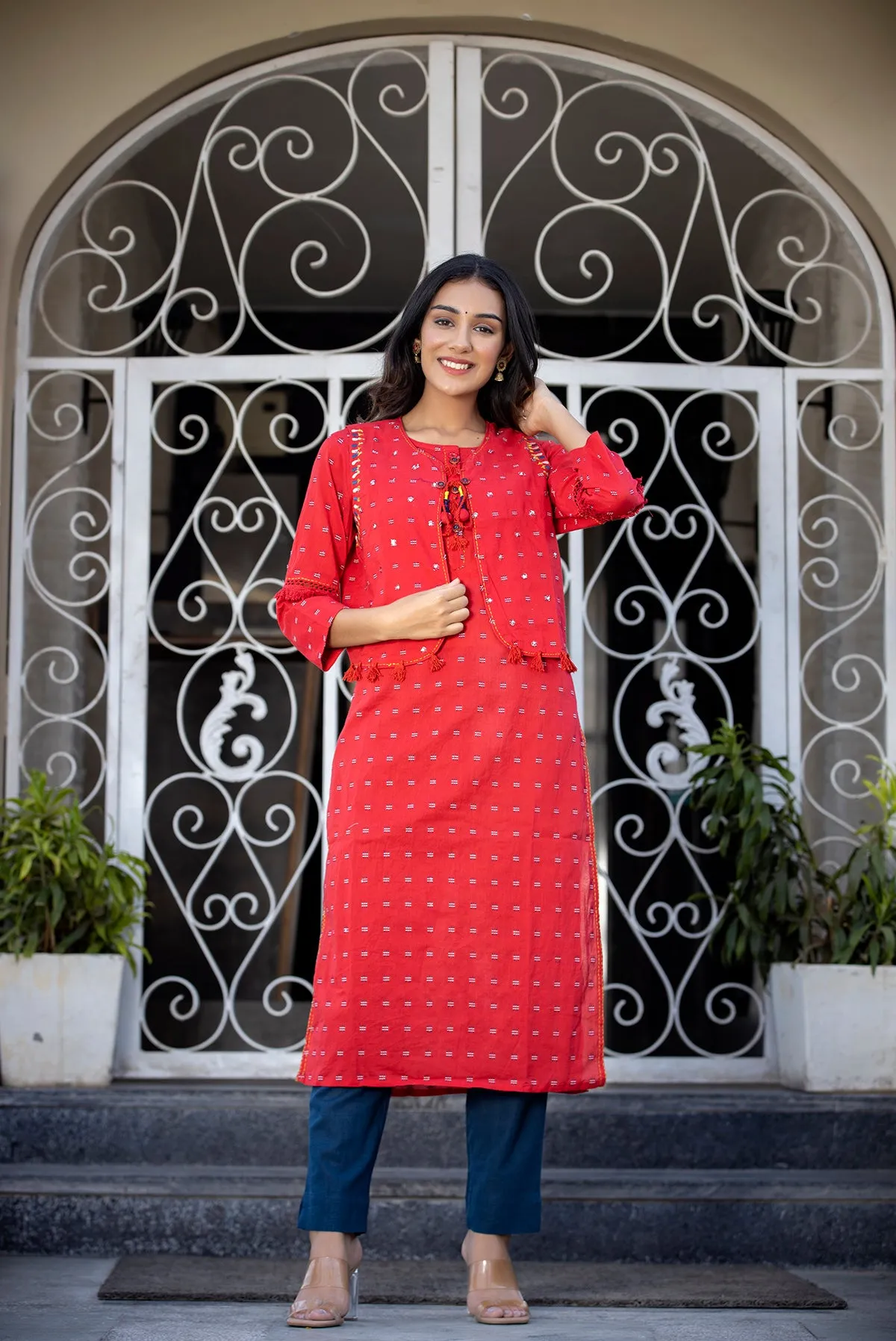 Cotton Red Foil Print Kurta-Jacket with Pant