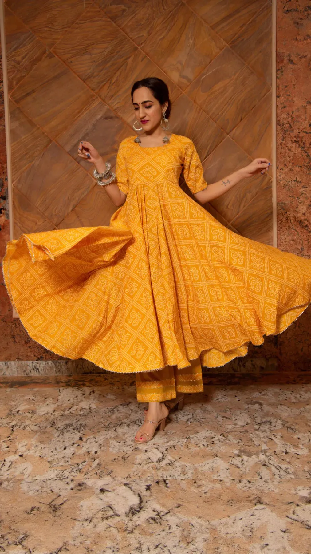 Cotton Yellow Bandhej Print Anarkali Palazzo Set with Organza Dupatta