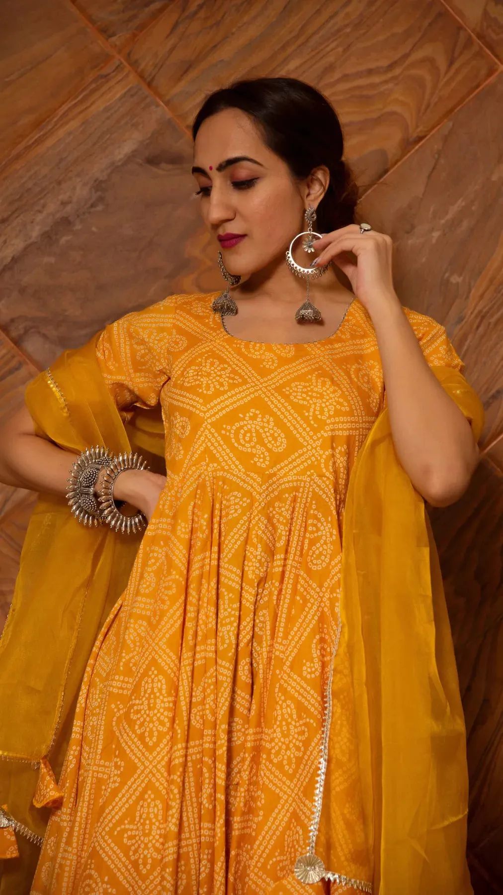 Cotton Yellow Bandhej Print Anarkali Palazzo Set with Organza Dupatta