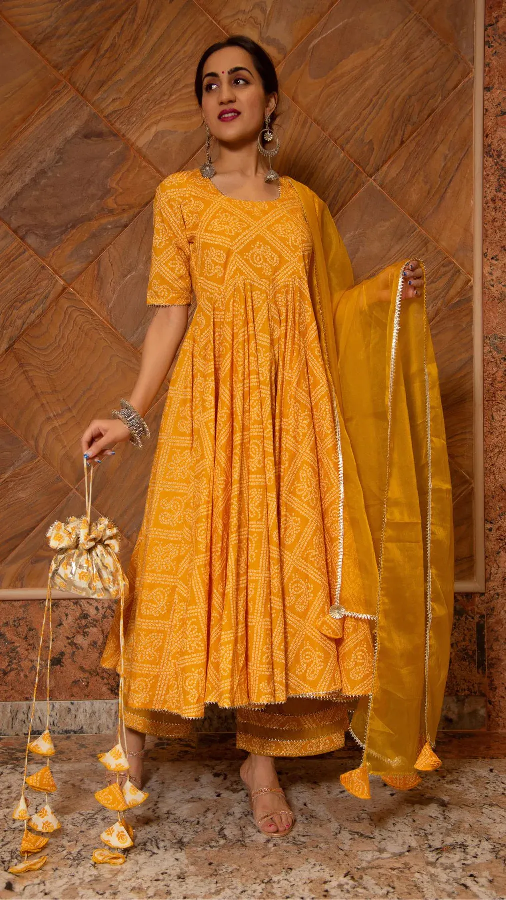 Cotton Yellow Bandhej Print Anarkali Palazzo Set with Organza Dupatta