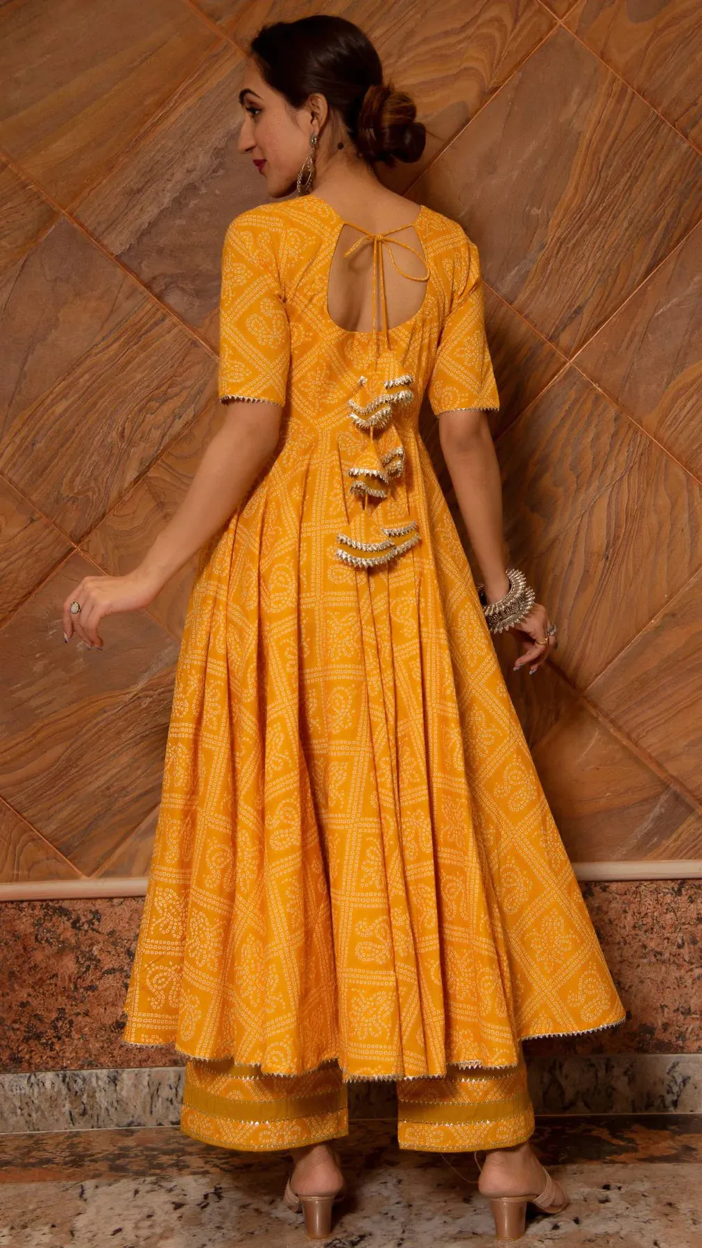 Cotton Yellow Bandhej Print Anarkali Palazzo Set with Organza Dupatta