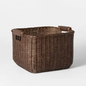 Cube Rattan Decorative Basket with Leather Handles Dark Brown - Threshold designed with Studio McGee: FSC Certified, Square Storage