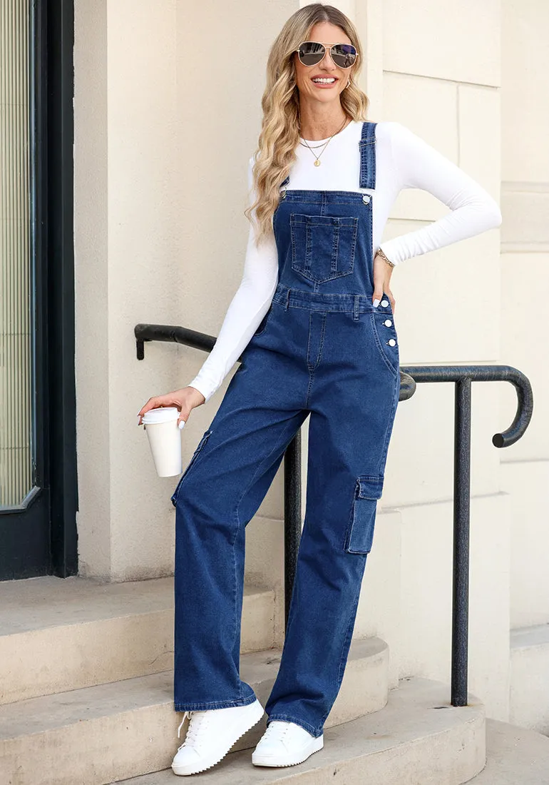 Dark Blue Women's Casual Adjustable Strap Wide Leg Jumpsuit with Pocket Jeans Trouser